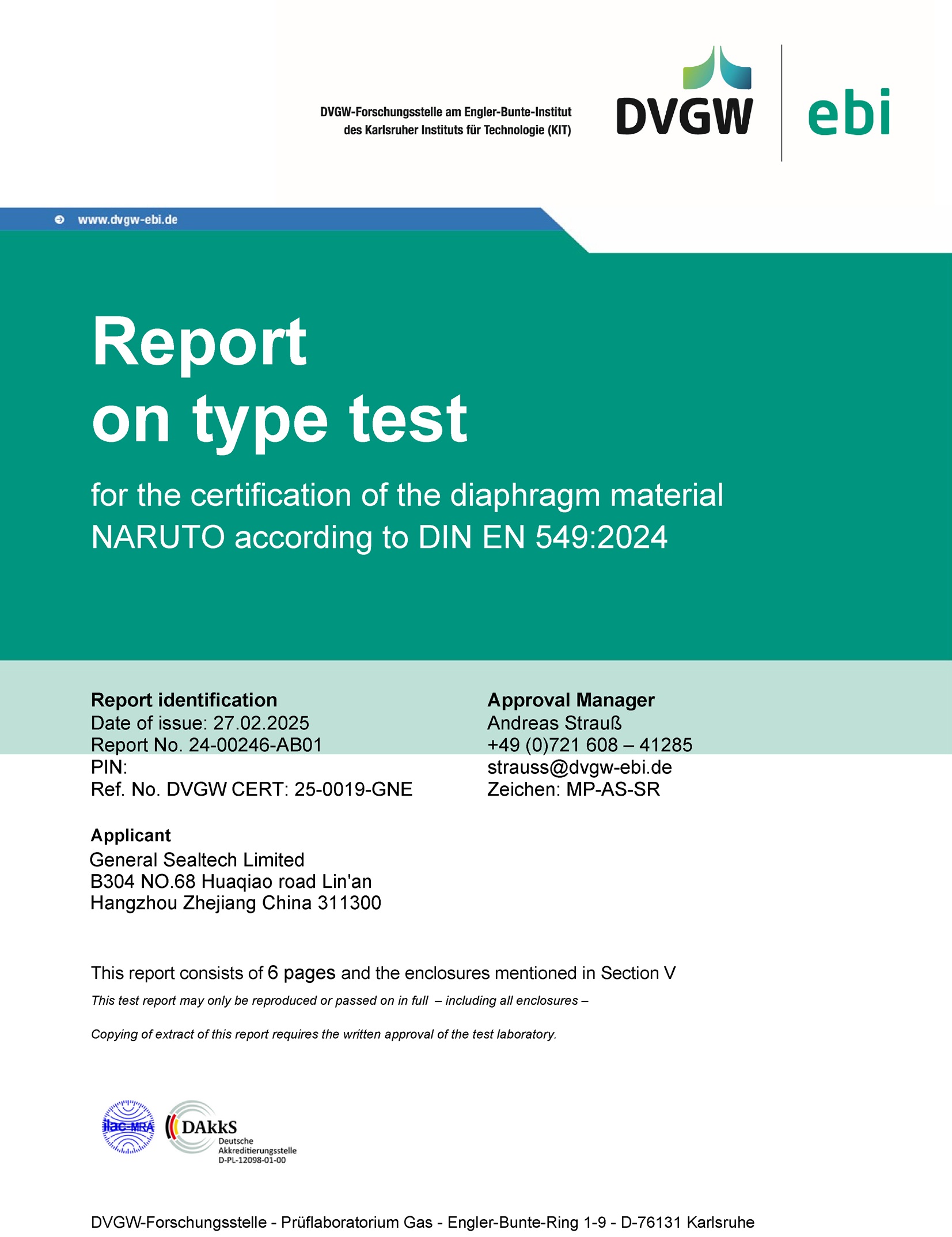 DVGW EN549 TEST REPORT